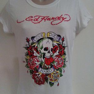 Ed Hardy White Short Sleeve with Rhinestones "Love Dies Hard" T-shirt